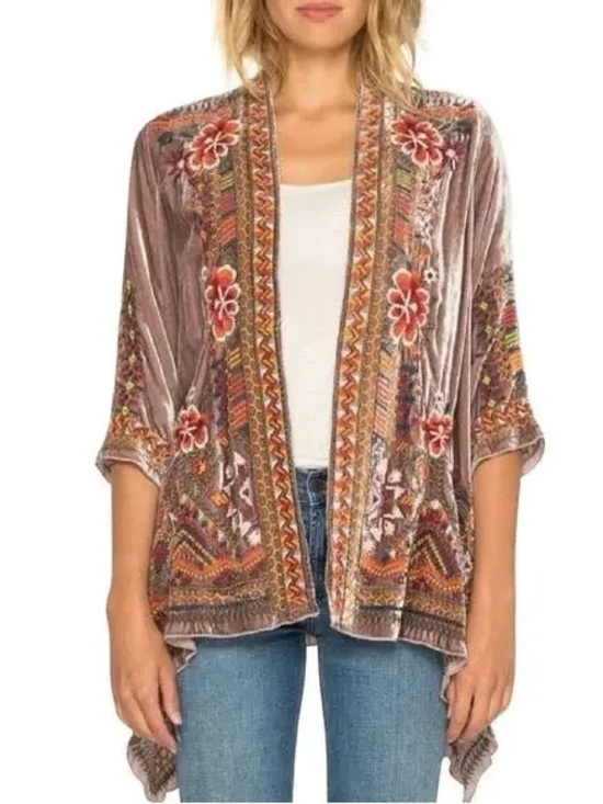 Johnny Was Sweaters - Johnny Was Waleska Velvet Silk Draped Cardigan S Rose Kimono Embroidered Boho
